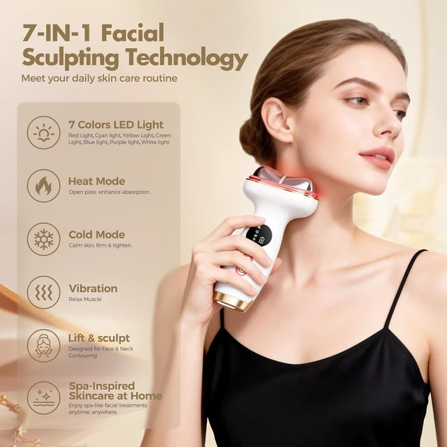 Alt view image 2 of 7 - Upgraded Hot & Cold Dual Mode Face and Neck Beauty Massager, 7 in 1 LED Facial Sculptor, 7 Modes -Micro - Vibration - 7 Light -Heating -Ice Compress for Home Skin Care, Face Lift Device
