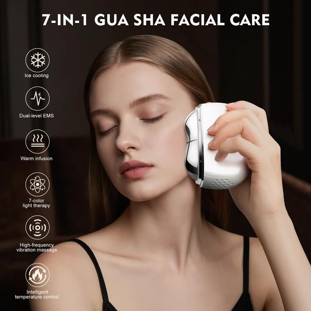 Alt view image 2 of 7 - Electric Gua Sha Face Massager, 7-in-1 Red Light Therapy Facial Scraping | Hot & Cold Facial Massager Scraping Tool with Vibration, Pulse, Heated Lifting, Ice Roller