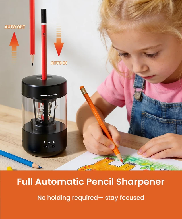 Alt view image 2 of 7 - Electric Pencil Sharpener for Classroom, Fully Automatic, Black | Type-C Rechargeable, Auto In/Out, 2000mAh Built-in Battery, Fast Sharpen, For 6-8mm No.2&Colored Pencils, Home, School Office