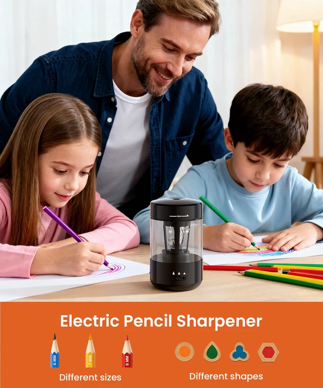 Alt view image 3 of 7 - Electric Pencil Sharpener for Classroom, Fully Automatic, Black | Type-C Rechargeable, Auto In/Out, 2000mAh Built-in Battery, Fast Sharpen, For 6-8mm No.2&Colored Pencils, Home, School Office