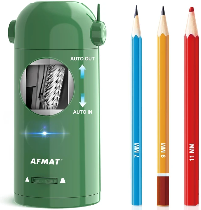 Main image of Electric Pencil Sharpener, Fully Automatic Pencil Sharpener for Classroom, Robot Sharpeners for 7-11.5mm No.2/Jumbo/Colored Pencils, Auto in & Out, Rechargeable & Cordess, Hands-Free, PSX5,Green