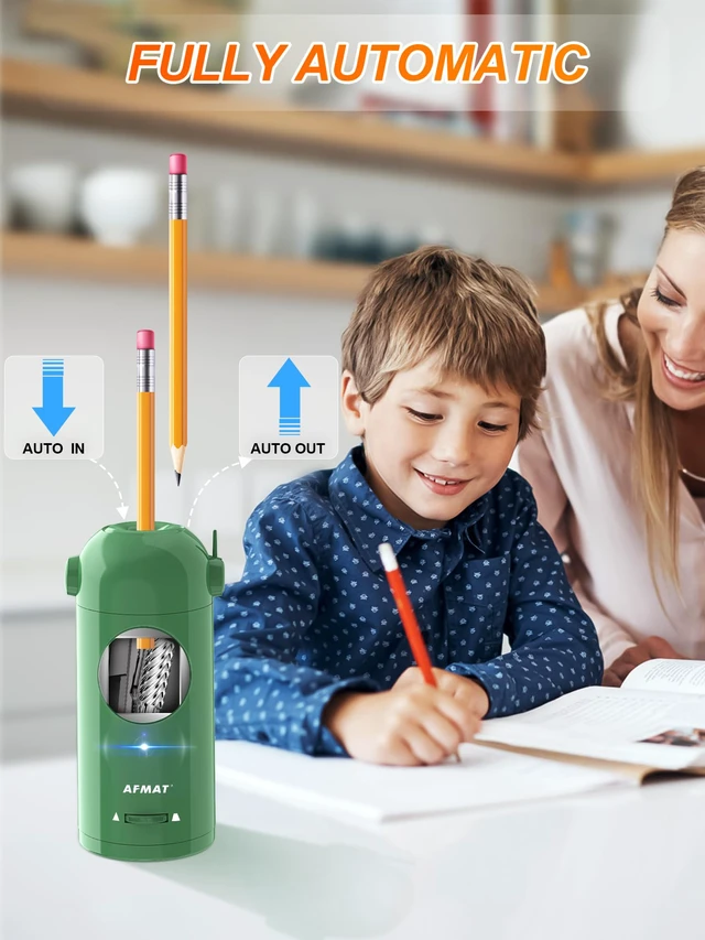 Alt view image 2 of 6 - Electric Pencil Sharpener, Fully Automatic Pencil Sharpener for Classroom, Robot Sharpeners for 7-11.5mm No.2/Jumbo/Colored Pencils, Auto in & Out, Rechargeable & Cordess, Hands-Free, PSX5,Green