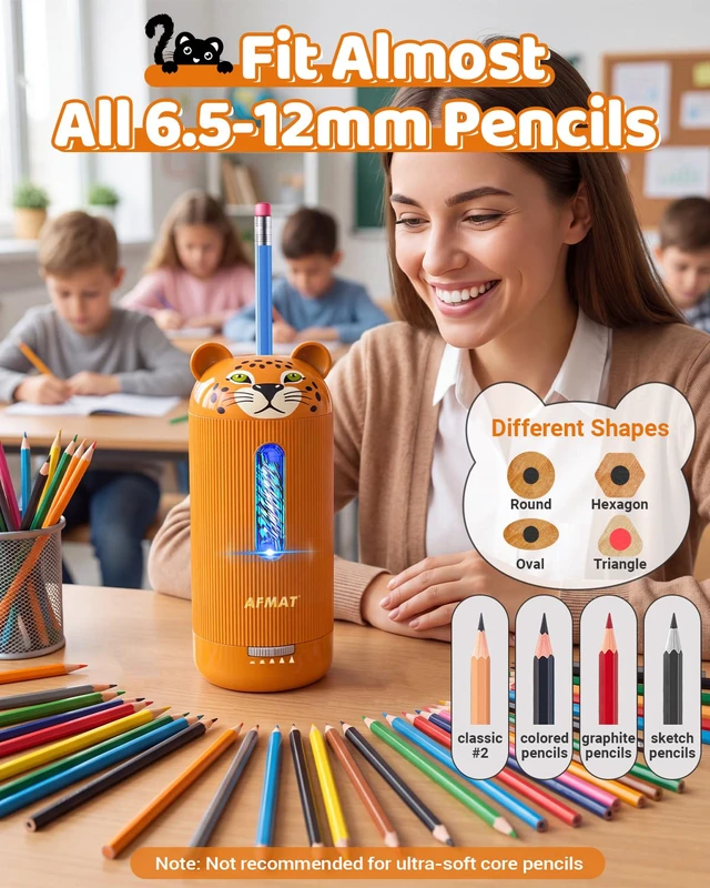 Alt view image 3 of 7 - Electric Pencil Sharpener, Fully Automatic, for 6.5-12mm Pencils | Rechargeable & Cordless, Auto in & Out, 5 Nibs, 7K+ Uses, Replaceable Blade, Cute Sharpener for Classroom/Home/Office, PSY1