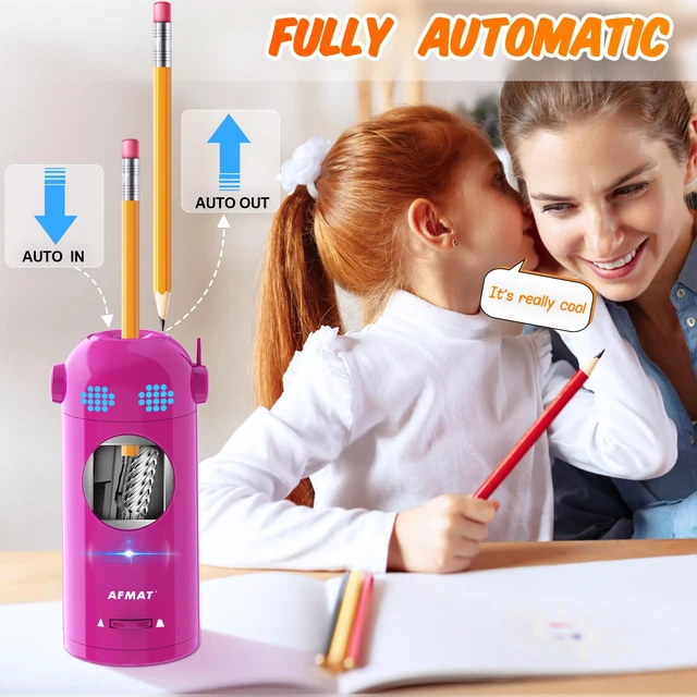 Alt view image 2 of 6 - Electric Pencil Sharpener, Fully Automatic Colored Pencil Sharpener for 7-11.5mm Pencils, Auto in & Out, Robot Pencil Sharpeners for Kids, Rechargeable Hands-Free with Dotted Eyes, PSX5ET, Pink