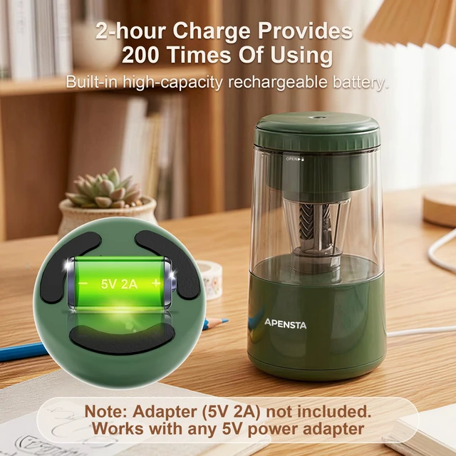 Alt view image 6 of 7 - Electric Pencil Sharpener, Auto in & Out, Rechargeable | Adjustable Tip, Auto Stop, Fits 7-8mm Pencils, Helical Blade, Easy Cleaning, For Colored Pencils