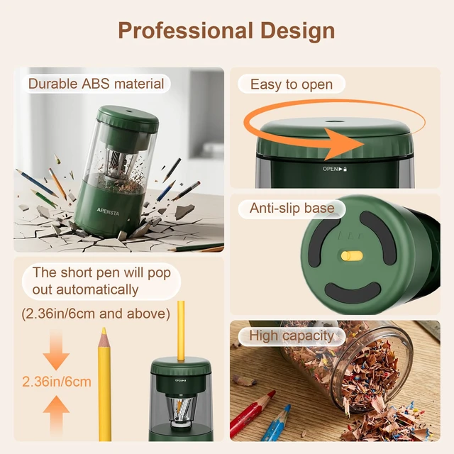 Alt view image 5 of 7 - Electric Pencil Sharpener, Auto in & Out, Rechargeable | Adjustable Tip, Auto Stop, Fits 7-8mm Pencils, Helical Blade, Easy Cleaning, For Colored Pencils
