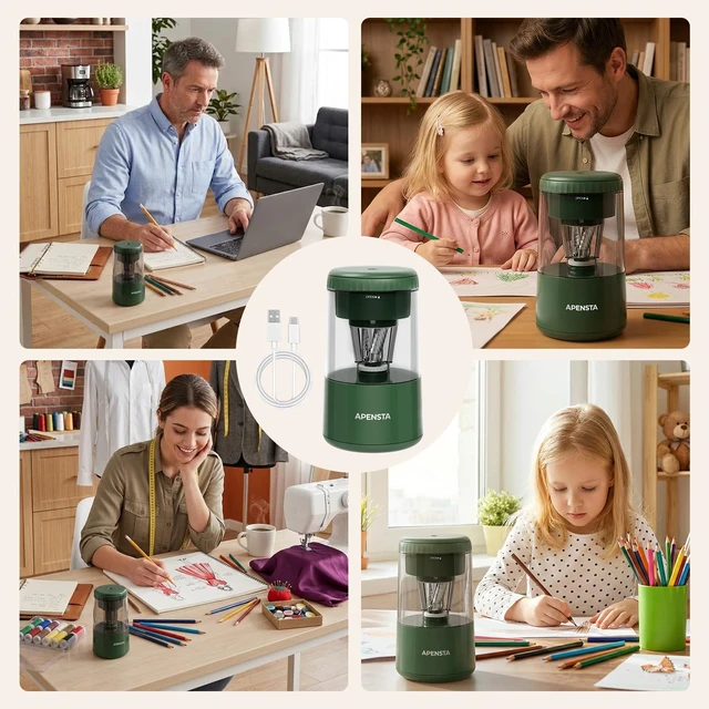 Alt view image 7 of 7 - Electric Pencil Sharpener, Auto in & Out, Rechargeable | Adjustable Tip, Auto Stop, Fits 7-8mm Pencils, Helical Blade, Easy Cleaning, For Colored Pencils