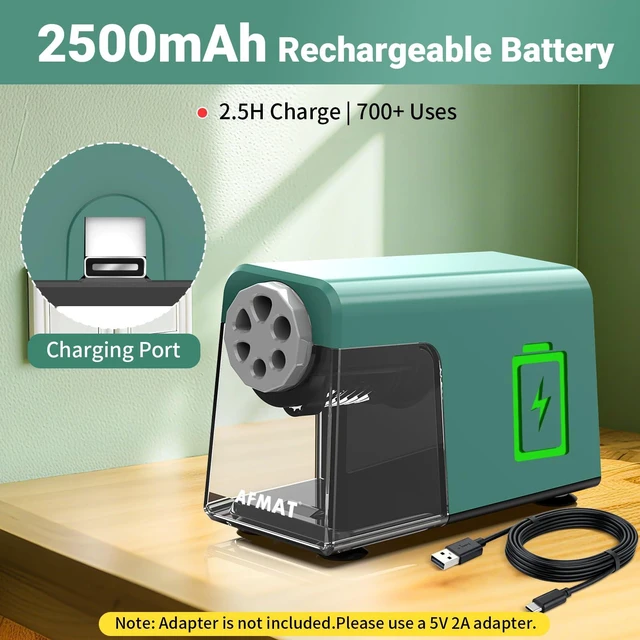 Alt view image 6 of 7 - 6-Hole Pencil Sharpener for Classroom, Cordless & Rechargeable, Heavy Duty Electric Pencil Sharpener for 6-11mm Colored Pencils, Auto Stop, Super Fast, 10,000+ Sharpenings, Battery Powered, PSD1