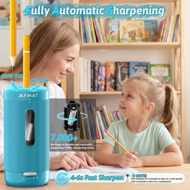 Alt view image 2 of 7 - Electric Pencil Sharpener, Auto in & Out, 5 Nibs, 7K+ Uses, Fully Automatic Pencil Sharpener for Classroom, Rechargeable Hands-Free Sharpeners for Jumbo/Colored Pencils (6.5-12mm) PSC3(Cyan)