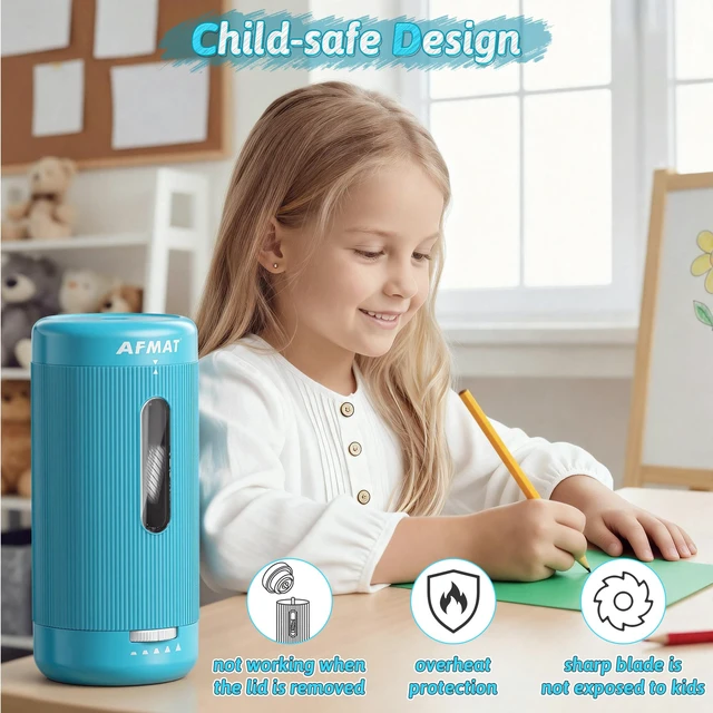 Alt view image 7 of 7 - Electric Pencil Sharpener, Auto in & Out, 5 Nibs, 7K+ Uses, Fully Automatic Pencil Sharpener for Classroom, Rechargeable Hands-Free Sharpeners for Jumbo/Colored Pencils (6.5-12mm) PSC3(Cyan)