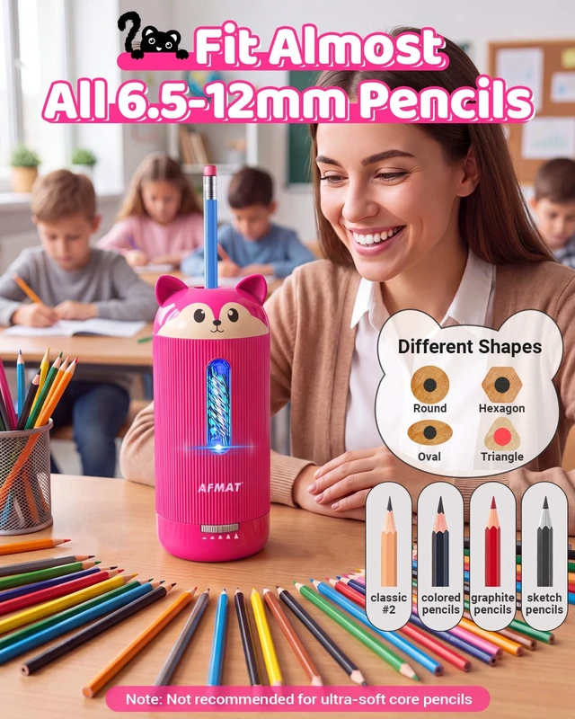 Alt view image 3 of 7 - Electric Pencil Sharpener, Fully Automatic, for 6.5-12mm Pencils | Rechargeable & Cordless, Auto in & Out, 5 Nibs, 7K+ Uses, Replaceable Blade, Cute Sharpener for Classroom/Home/Office, PSJ4