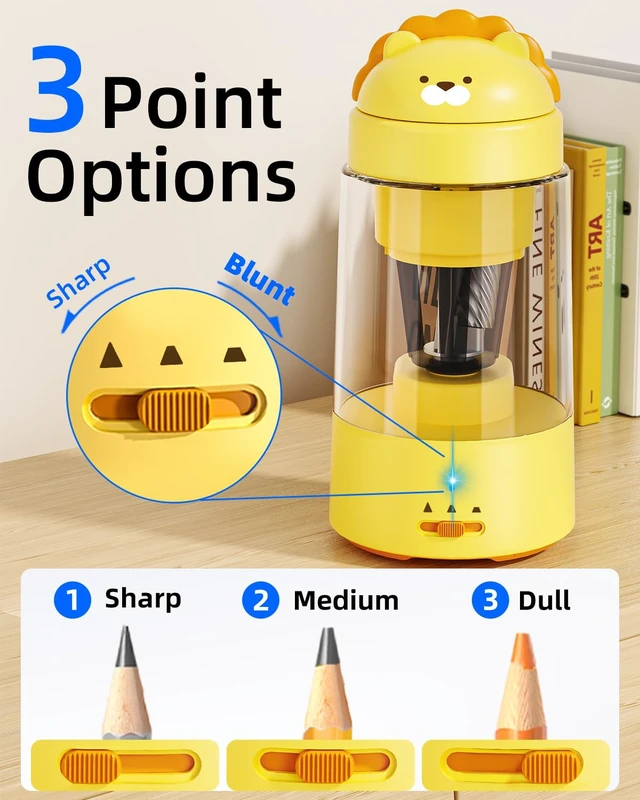 Alt view image 3 of 7 - Fully Automatic Lion Pencil Sharpener,Rechargeable for Colored Pencils | 2 Blades,Auto in & Out,3 Adjustable Modes,Portable for No.2/Colored Pencils(6-8mm), Classroom/Office/Home