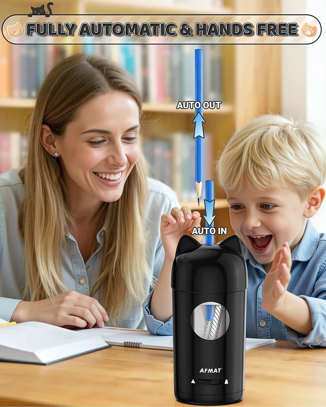 Alt view image 2 of 7 - Electric Pencil Sharpener, Fully Automatic Pencil Sharpener for Kids, Auto in & Out, for 7-8mm No.2/Colored Pencils, Rechargeable & Cordless, Cute Cat Pencil Sharpeners for Classroom Home PSX9