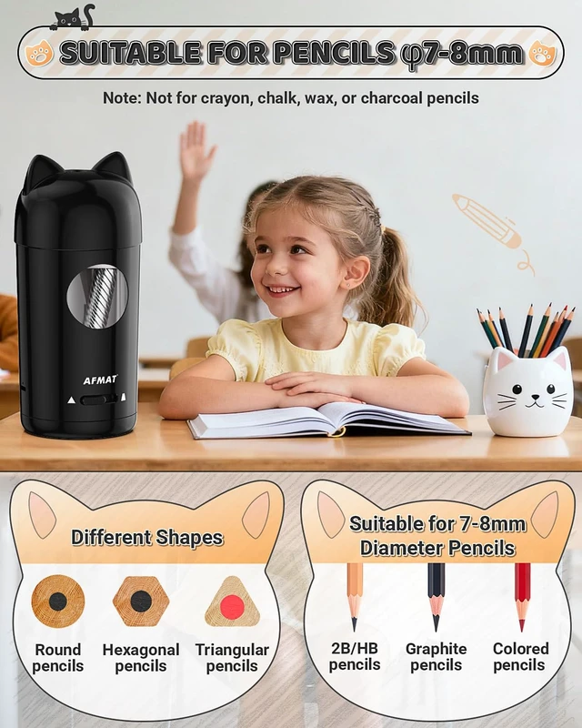 Alt view image 3 of 7 - Electric Pencil Sharpener, Fully Automatic Pencil Sharpener for Kids, Auto in & Out, for 7-8mm No.2/Colored Pencils, Rechargeable & Cordless, Cute Cat Pencil Sharpeners for Classroom Home PSX9