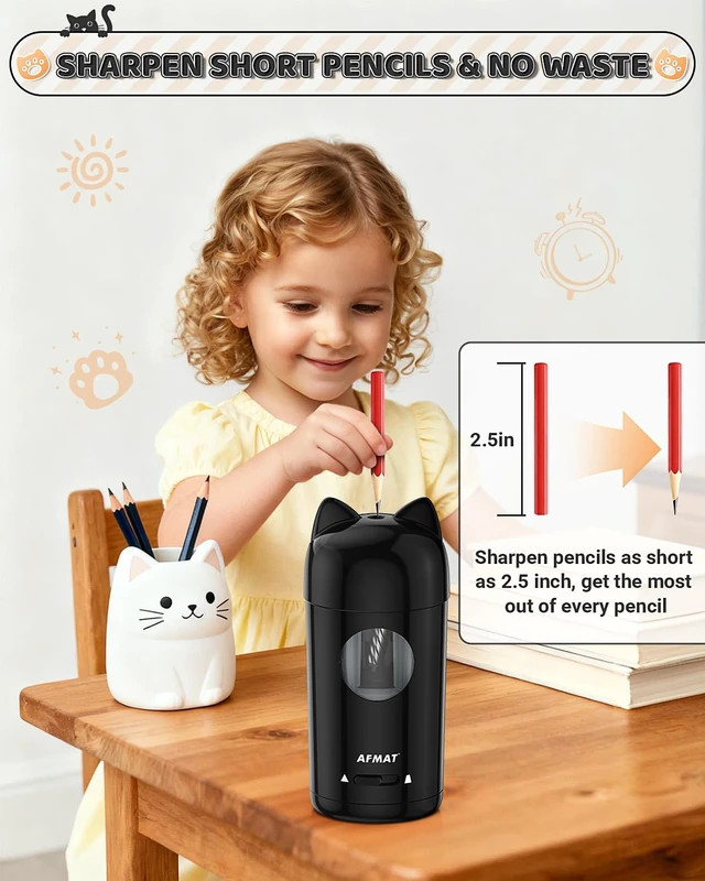 Alt view image 4 of 7 - Electric Pencil Sharpener, Fully Automatic Pencil Sharpener for Kids, Auto in & Out, for 7-8mm No.2/Colored Pencils, Rechargeable & Cordless, Cute Cat Pencil Sharpeners for Classroom Home PSX9