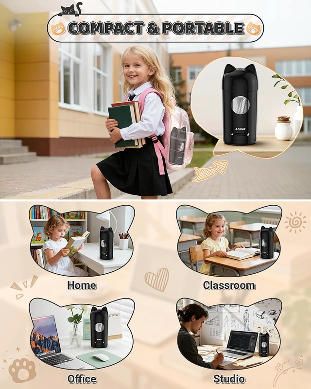 Alt view image 7 of 7 - Electric Pencil Sharpener, Fully Automatic Pencil Sharpener for Kids, Auto in & Out, for 7-8mm No.2/Colored Pencils, Rechargeable & Cordless, Cute Cat Pencil Sharpeners for Classroom Home PSX9