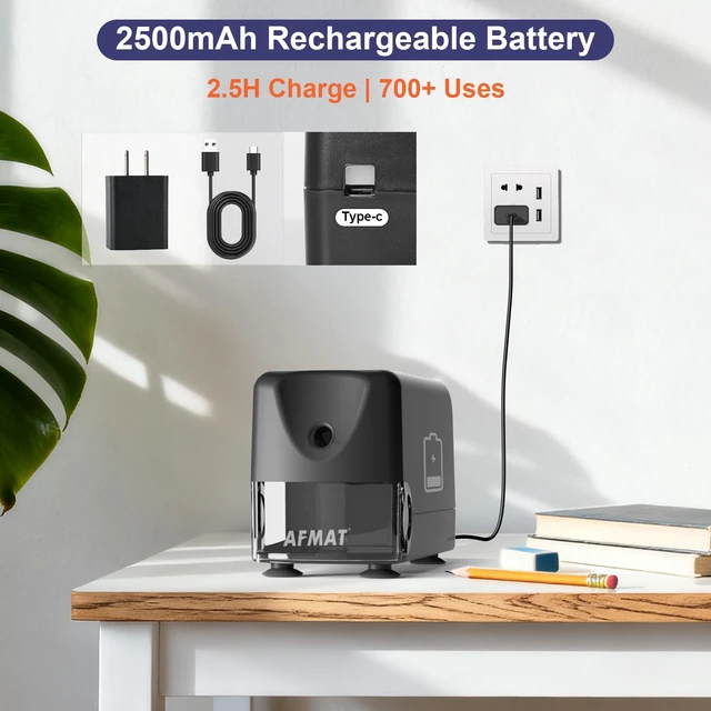 Alt view image 6 of 7 - Electric Pencil Sharpener for Classroom, Cordless & Rechargeable, Heavy Duty Pencil Sharpener for 6-11mm No.2/Colored Pencils, 10K+ Uses, Auto Stop, 2s Fast Sharpen, Battery Powered with Adapter