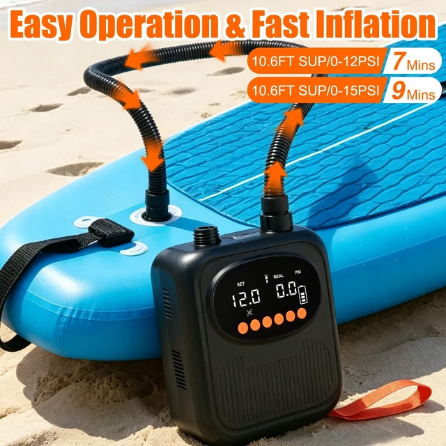 Alt view image 2 of 7 - Rechargeable Paddle Board Pump, Portable 20PSI High Pressure Electric SUP Pump, Intelligent Dual Stage Inflation & Deflation, Auto-Off, 12V DC Car Connector, for Kayak, Boat, Tent