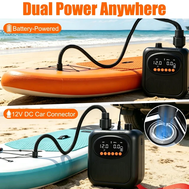 Alt view image 3 of 7 - Rechargeable Paddle Board Pump, Portable 20PSI High Pressure Electric SUP Pump, Intelligent Dual Stage Inflation & Deflation, Auto-Off, 12V DC Car Connector, for Kayak, Boat, Tent