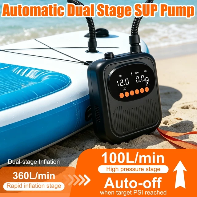 Alt view image 4 of 7 - Rechargeable Paddle Board Pump, Portable 20PSI High Pressure Electric SUP Pump, Intelligent Dual Stage Inflation & Deflation, Auto-Off, 12V DC Car Connector, for Kayak, Boat, Tent
