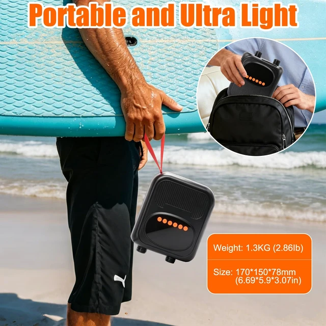 Alt view image 6 of 7 - Rechargeable Paddle Board Pump, Portable 20PSI High Pressure Electric SUP Pump, Intelligent Dual Stage Inflation & Deflation, Auto-Off, 12V DC Car Connector, for Kayak, Boat, Tent