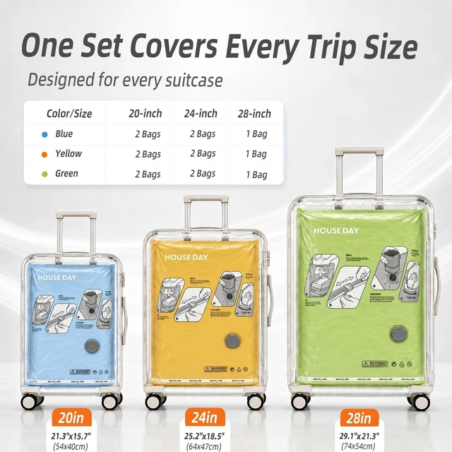 Alt view image 2 of 7 - 15 Pack Vacuum Storage Bags for Travel with Cordless Pump & Scale | Save 80% Space, Rechargeable Cordless Electric Pump, 3 Sizes for 20", 24" & 28" Luggage, Color-Coded Organization, Clear Back