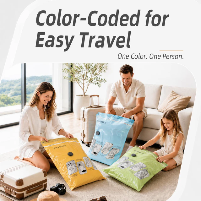 Alt view image 5 of 7 - 15 Pack Vacuum Storage Bags for Travel with Cordless Pump & Scale | Save 80% Space, Rechargeable Cordless Electric Pump, 3 Sizes for 20", 24" & 28" Luggage, Color-Coded Organization, Clear Back