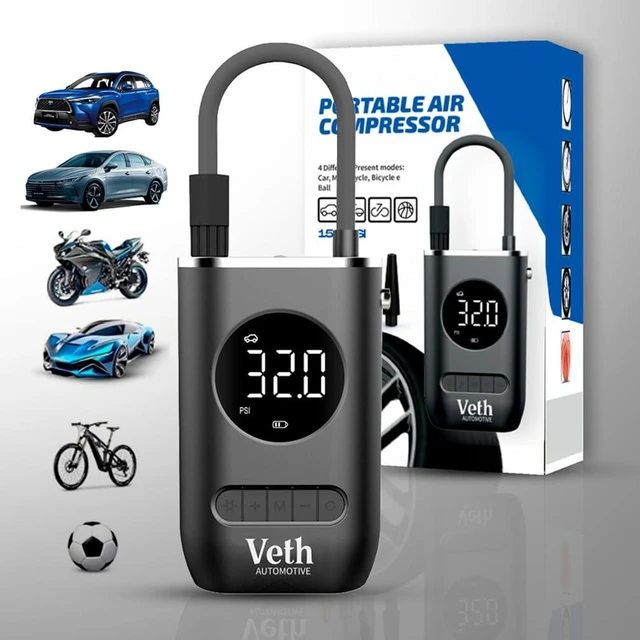 Main image of VT03 Portable Tire Inflator, 150 PSI Cordless Air Pump | 2000mAh rechargeable battery, digital display, 5 smart modes, auto shut-off, LED light, car-bike-ball nozzles.
