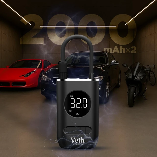 Alt view image 2 of 7 - VT03 Portable Tire Inflator, 150 PSI Cordless Air Pump | 2000mAh rechargeable battery, digital display, 5 smart modes, auto shut-off, LED light, car-bike-ball nozzles.