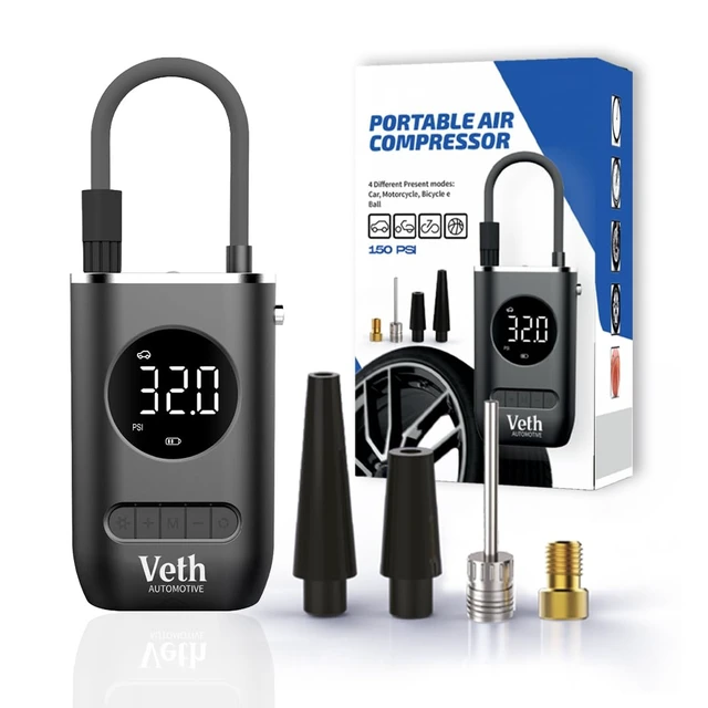 Alt view image 6 of 7 - VT03 Portable Tire Inflator, 150 PSI Cordless Air Pump | 2000mAh rechargeable battery, digital display, 5 smart modes, auto shut-off, LED light, car-bike-ball nozzles.