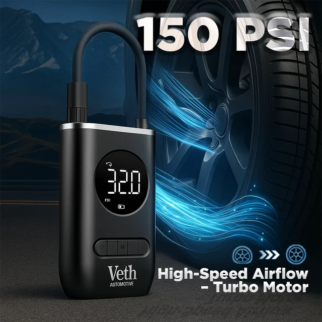 Alt view image 3 of 7 - VT03 Portable Tire Inflator, 150 PSI Cordless Air Pump | 2000mAh rechargeable battery, digital display, 5 smart modes, auto shut-off, LED light, car-bike-ball nozzles.