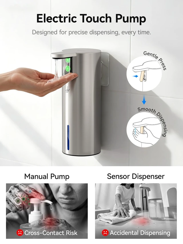 Alt view image 2 of 7 - Electric Liquid Soap Dispenser, 11.8oz Press-to-Dispense Soap Pump with Touch Control, USB-C Rechargeable Stainless Steel Soap Dispenser for Kitchen Bathroom, Hand and Dish Soap