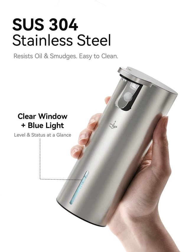 Alt view image 4 of 7 - Electric Liquid Soap Dispenser, 11.8oz Press-to-Dispense Soap Pump with Touch Control, USB-C Rechargeable Stainless Steel Soap Dispenser for Kitchen Bathroom, Hand and Dish Soap