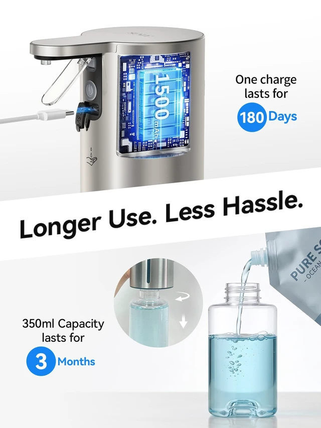 Alt view image 5 of 7 - Electric Liquid Soap Dispenser, 11.8oz Press-to-Dispense Soap Pump with Touch Control, USB-C Rechargeable Stainless Steel Soap Dispenser for Kitchen Bathroom, Hand and Dish Soap