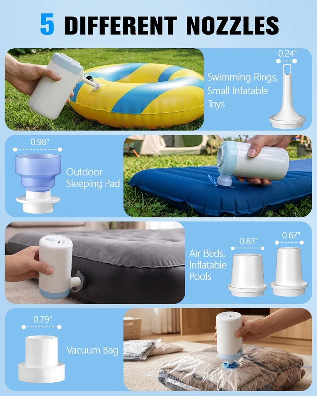 Alt view image 2 of 6 - Portable Air Pump for Inflatables, Rechargeable Air Mattress Pump | Ultra-Fast and Mini Electric Air Pump, 5 Nozzles Inflate Deflate for Air Beds, Pool Floats, Vacuum Storage Bags,Sleeping Pads