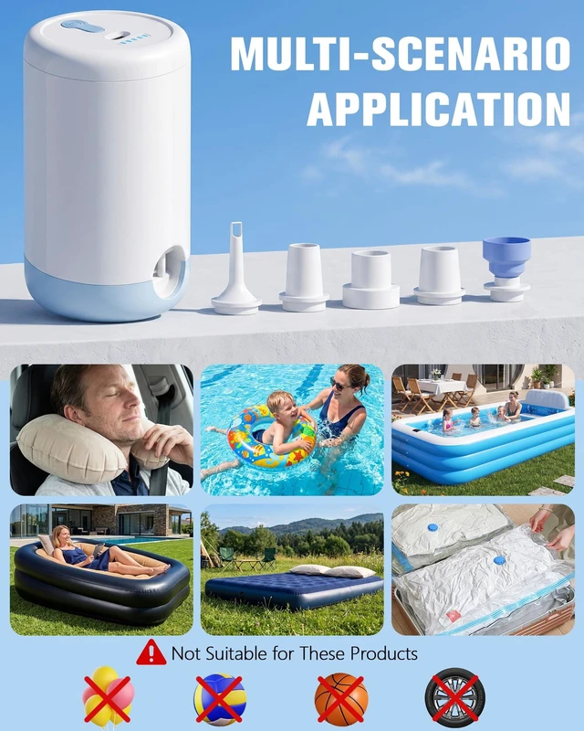 Alt view image 5 of 6 - Portable Air Pump for Inflatables, Rechargeable Air Mattress Pump | Ultra-Fast and Mini Electric Air Pump, 5 Nozzles Inflate Deflate for Air Beds, Pool Floats, Vacuum Storage Bags,Sleeping Pads