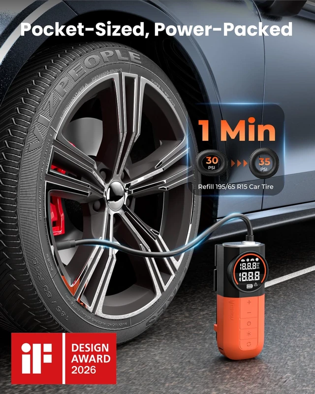 Alt view image 2 of 7 - S1 Tire Inflator Portable Air Compressor, 160PSI Cordless Air Pump | Fast Inflation,Tire Pump for Car Tires,Motorcycle,Balls,Bike Pump with LED Light, Auto Shut-Off,Digital Pressure Gauge,Orange