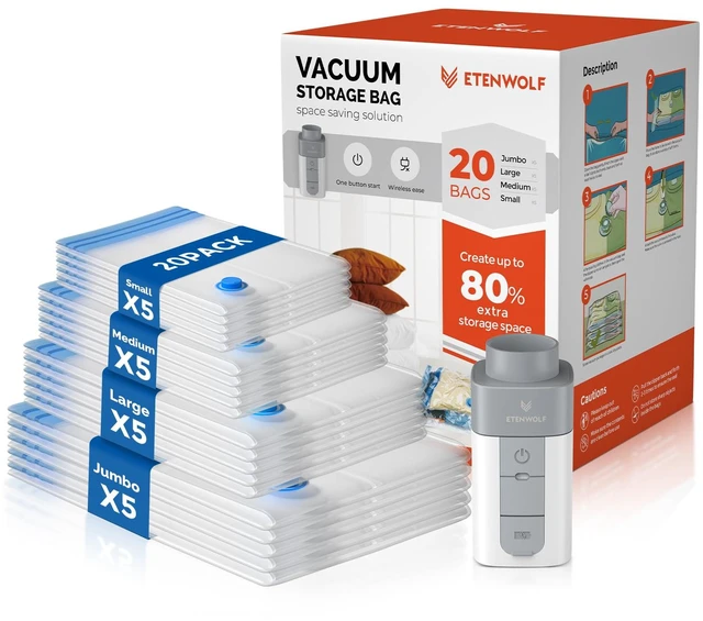 Main image of 20 Combo Vacuum Storage Bags for Travel with Wireless Pump | Vacuum Seal Bags for Clothing Travel, Compression Packing Bags for Clothes and Blankets, Space Saver Bags in Carry-On Sizes
