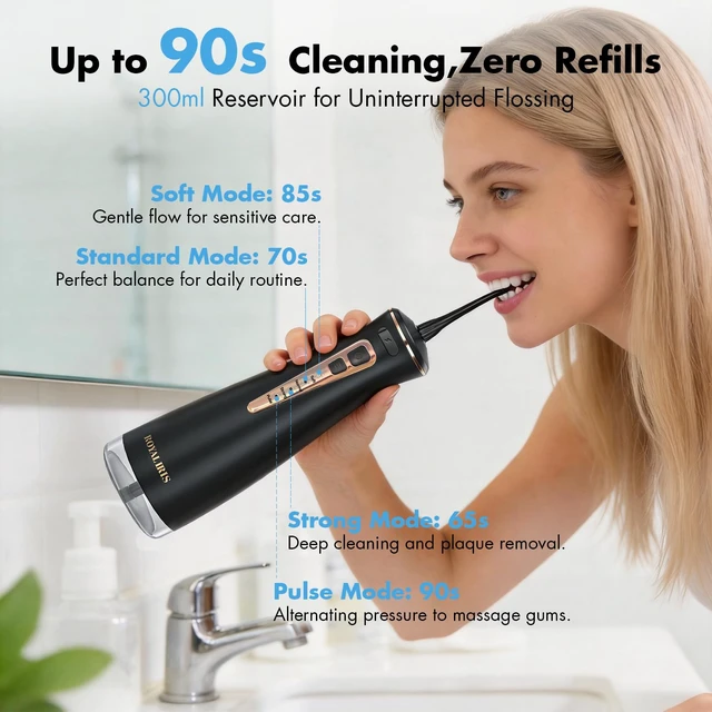 Alt view image 3 of 7 - Cordless Water Flosser: C15 Portable Dental Irrigator, Black | 4 Modes for Sensitive Gums & Braces, 300ml IPX7 Waterproof, Up to 60-Day Battery Life, Travel/Home/Shower Use