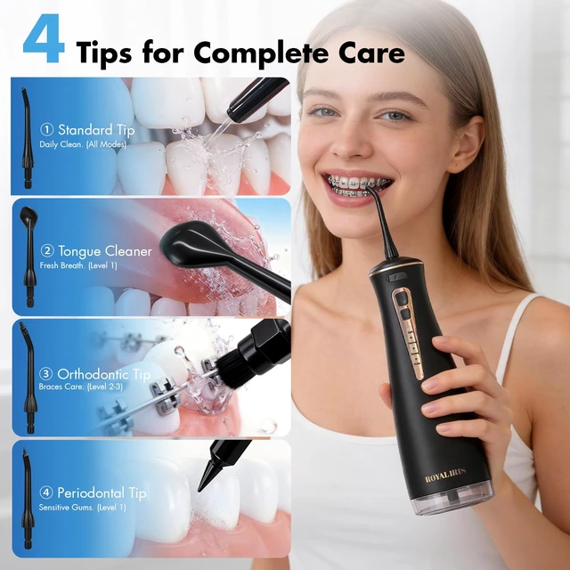 Alt view image 5 of 7 - Cordless Water Flosser: C15 Portable Dental Irrigator, Black | 4 Modes for Sensitive Gums & Braces, 300ml IPX7 Waterproof, Up to 60-Day Battery Life, Travel/Home/Shower Use