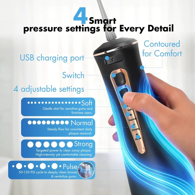 Alt view image 6 of 7 - Cordless Water Flosser: C15 Portable Dental Irrigator, Black | 4 Modes for Sensitive Gums & Braces, 300ml IPX7 Waterproof, Up to 60-Day Battery Life, Travel/Home/Shower Use