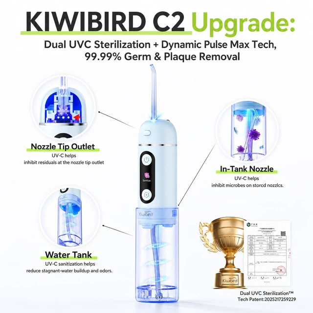 Alt view image 2 of 7 - C2 Portable Water Flosser, Cordless Oral Irrigator with UV-C Clean Mode, 4 Modes, Waterproof Rechargeable Dental Flosser with 4 Nozzles and Travel Bag (Pink)