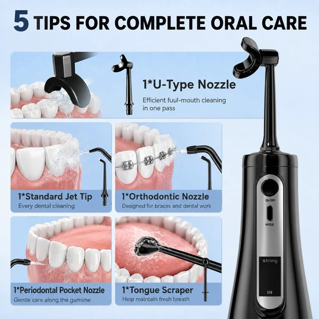Alt view image 3 of 7 - Water Dental Flosser Pick for Teeth,Cordless Rechargeable Portable Flosser | U-Type 360° Cleaning & LED Display,350ML Tank,5 Cleaning Modes,USB-C,Water Flosser for Braces, Sensitive Gums & Travel