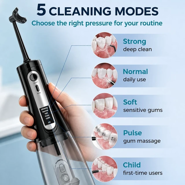 Alt view image 4 of 7 - Water Dental Flosser Pick for Teeth,Cordless Rechargeable Portable Flosser | U-Type 360° Cleaning & LED Display,350ML Tank,5 Cleaning Modes,USB-C,Water Flosser for Braces, Sensitive Gums & Travel