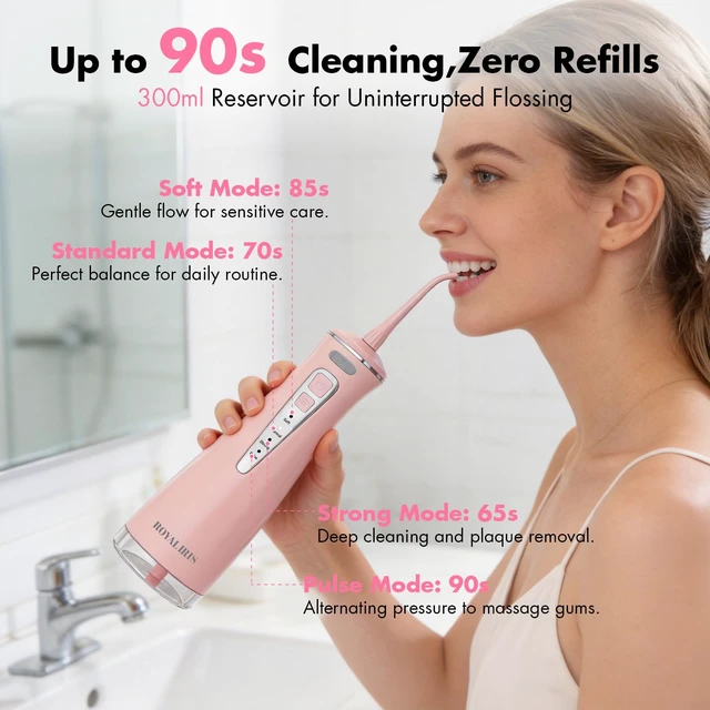 Alt view image 3 of 7 - Cordless Water Flosser, C15 Portable Pink Oral Irrigator | 4 Modes for Sensitive Gums & Braces, 300ml Capacity, IPX7 Waterproof, Up to 60-Day Battery for travel
