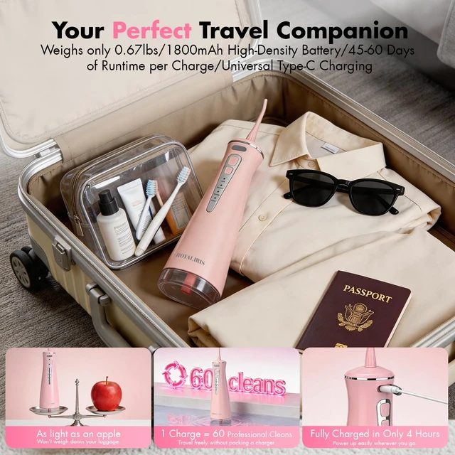 Alt view image 4 of 7 - Cordless Water Flosser, C15 Portable Pink Oral Irrigator | 4 Modes for Sensitive Gums & Braces, 300ml Capacity, IPX7 Waterproof, Up to 60-Day Battery for travel