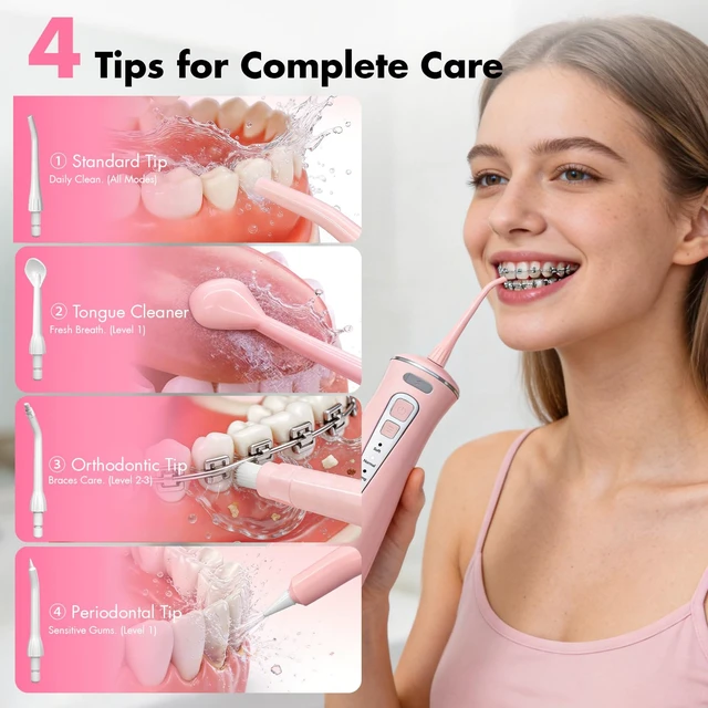 Alt view image 5 of 7 - Cordless Water Flosser, C15 Portable Pink Oral Irrigator | 4 Modes for Sensitive Gums & Braces, 300ml Capacity, IPX7 Waterproof, Up to 60-Day Battery for travel