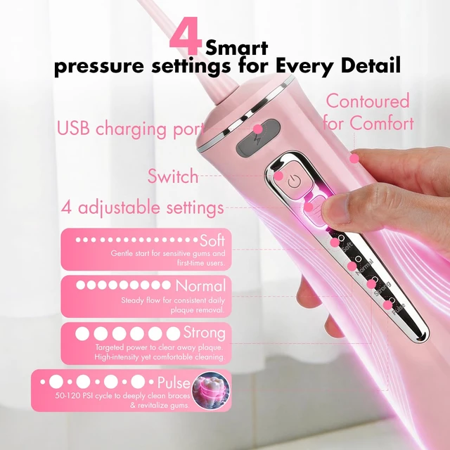 Alt view image 6 of 7 - Cordless Water Flosser, C15 Portable Pink Oral Irrigator | 4 Modes for Sensitive Gums & Braces, 300ml Capacity, IPX7 Waterproof, Up to 60-Day Battery for travel