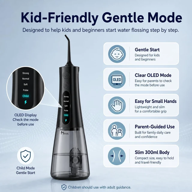 Alt view image 3 of 7 - Cordless Water Dental Flosser for Teeth, 300ML Portable Oral Irrigator with OLED Display and Child Mode, 5 Pressure Settings, 6 Tips, USB-C, IPX7 Waterproof, Braces and Family Care, Black