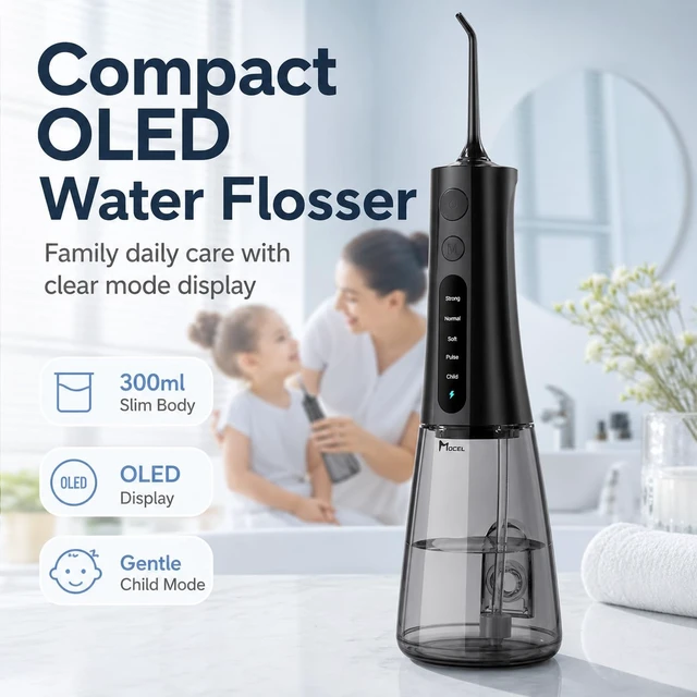 Alt view image 6 of 7 - Cordless Water Dental Flosser for Teeth, 300ML Portable Oral Irrigator with OLED Display and Child Mode, 5 Pressure Settings, 6 Tips, USB-C, IPX7 Waterproof, Braces and Family Care, Black